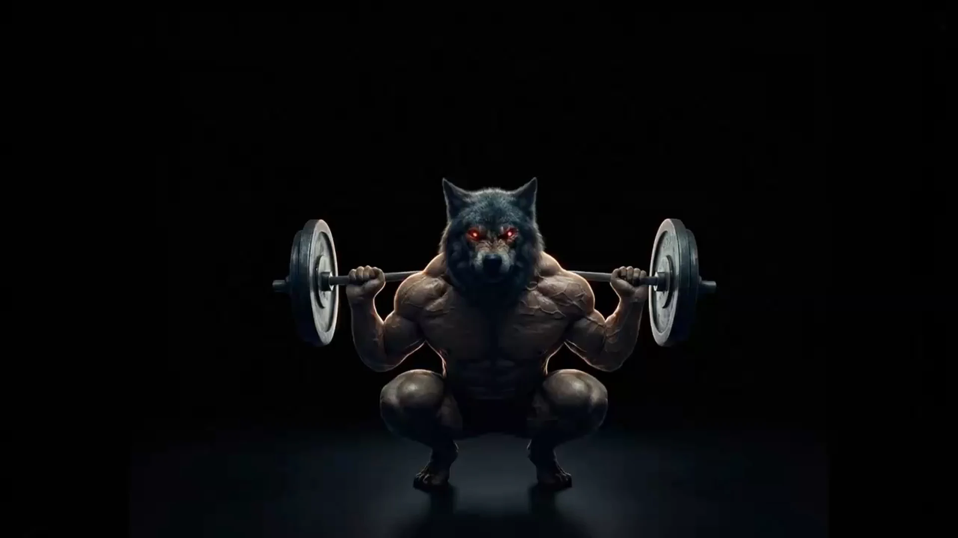 La Bête du Gévaudan représentée en loup accroupi sous une barre de musculation chargée, sur fond noir